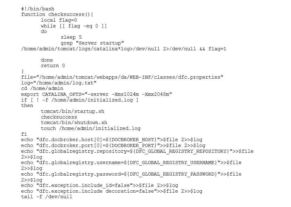 Startskript, das die Datei dfc.properties auf Basis der Umgebungsvariablen des Containers schreibt