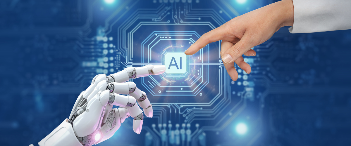 White cyborg robotic hand pointing his finger to human hand with stretched finger - ai artificial intelligence. 1517344698 human, stretch, show, white, 3d, background, future, la creation, mechanical, prosthetic, processor, bionic, android, tech, cyber, man, led, intellect, machine